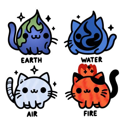 4 cats that represent the different elements, earth, water, air, and fire