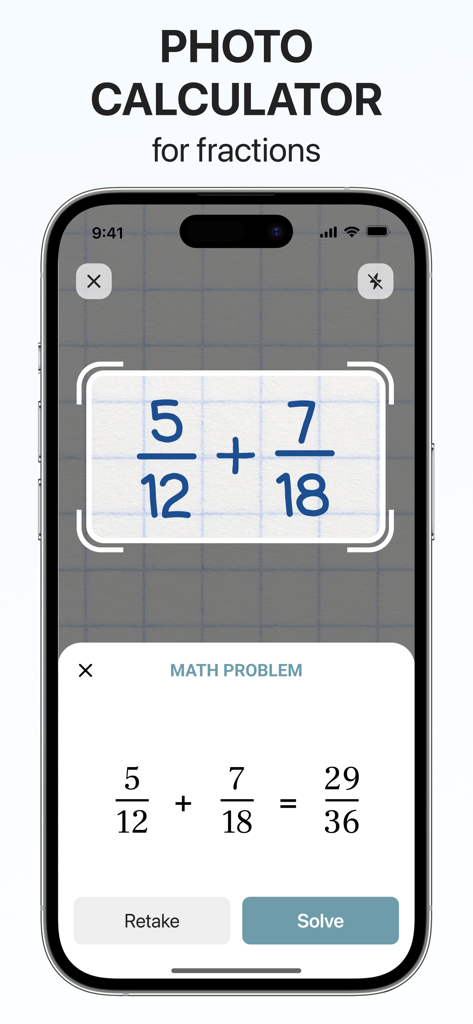 Mobile app scanning a handwritten fraction math problem to calculate the result automatically.