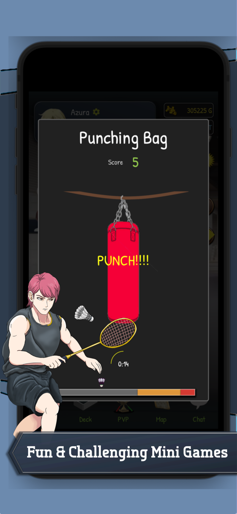 BattleCross Badminton Card RPG - A character with a badminton racket training on a punching bag in a BattleCross mini game
