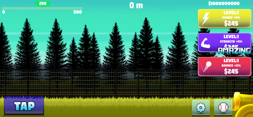 Interface de jogo mobile de Baseball Flick Homerun mostrando opções de melhoria e um botão de toque em um fundo de campo.
