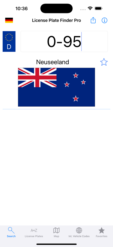 License Plate Finder - L'app Trova Targa mostra un risultato di ricerca per un codice veicolo internazionale che identifica la Nuova Zelanda con la sua bandiera.