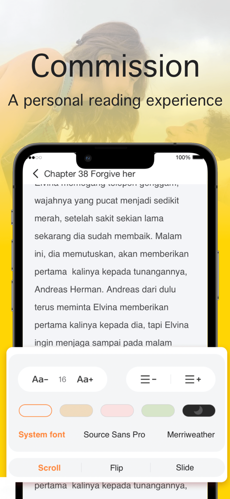 ReadMe:Fiction&GoodNovel - ReadMe app showing customizable font and background settings for a personalized reading experience.