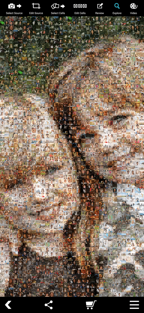 A detailed photo mosaic portrait displayed within the mobile app interface showing various editing tools.