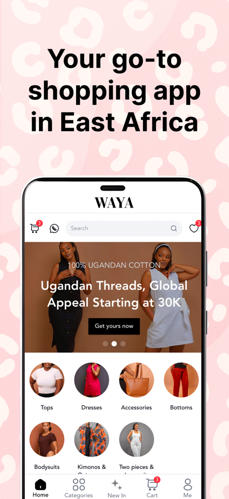 WAYA mobile app home screen showcasing African fashion categories and Ugandan cotton clothing.