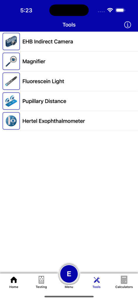 Eye Handbook - Eye Handbook app interface displaying diagnostic tools like Indirect Camera Magnifier and Fluorescein Light