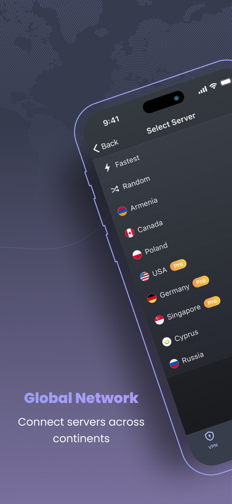 Interface de l'application mobile Owl VPN montrant un réseau mondial de serveurs à sélectionner sur différents continents