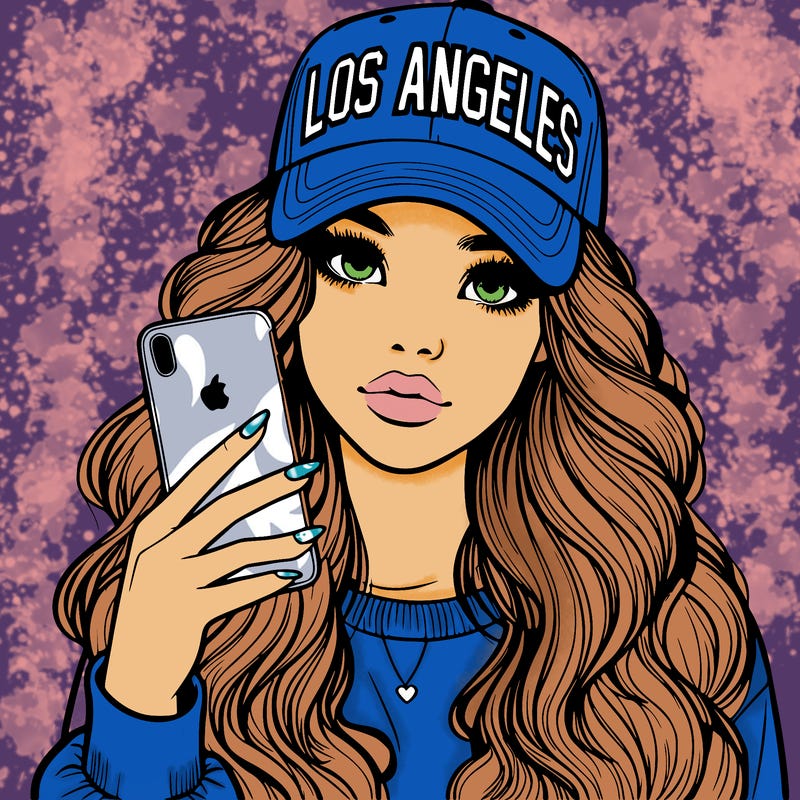realistic beautiful girl wearing los ángeles cap holding an iphone