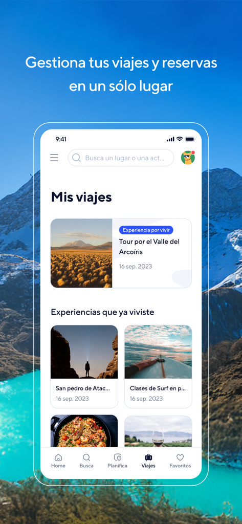 Chiletur - Interfaz de la aplicación móvil Chiletur que muestra las reservas de viaje chilenas y el historial del viaje