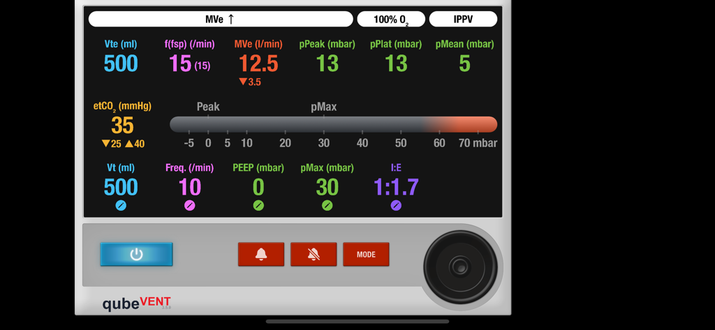 qubeVENT by SKILLQUBE - A high-fidelity medical ventilator simulation interface showing respiratory parameters and clinical settings