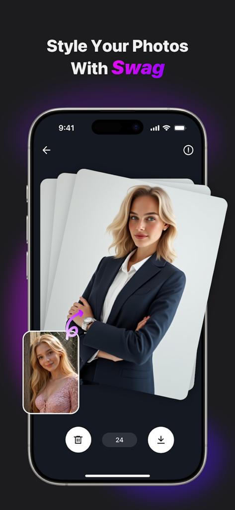 Vmaker AI - Video Maker - Vmaker AI app interface showing a professional photo transformation feature with the headline Style Your Photos With Swag.
