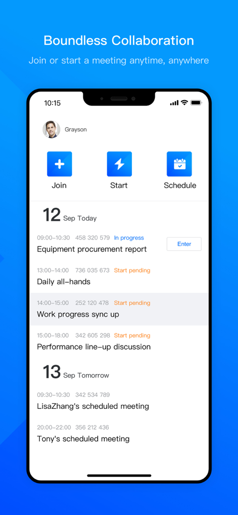 Tableau de bord de l'application VooV Meeting montrant une liste de conférences vidéo planifiées et des boutons pour rejoindre, démarrer ou planifier une réunion.