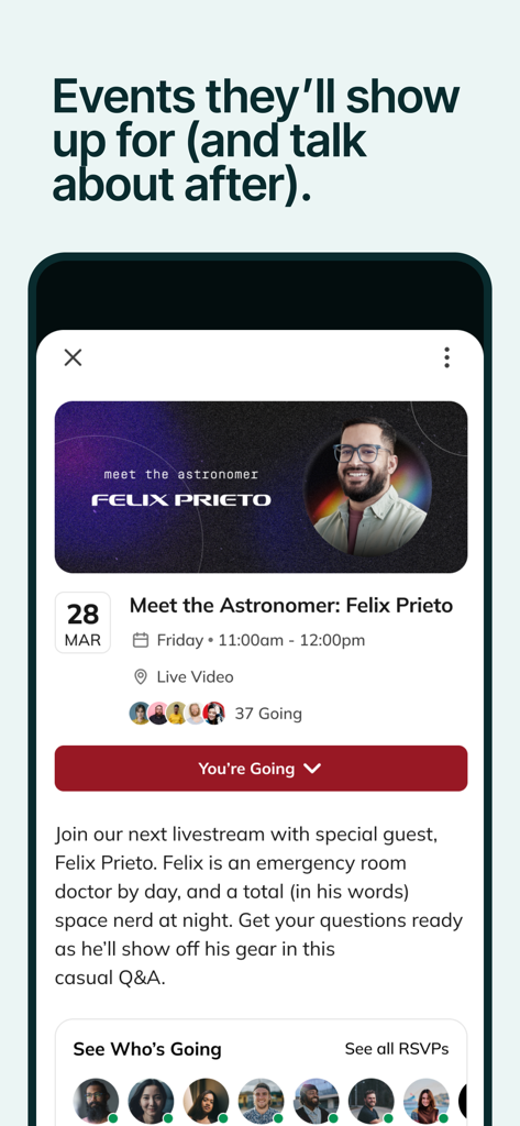 Mighty Networks app interface displaying a livestream event page with a guest speaker attendee list and RSVP status
