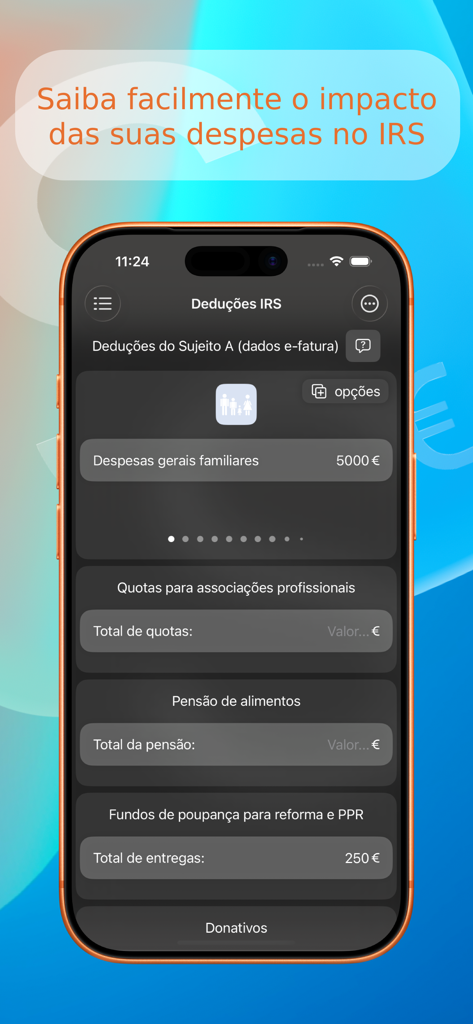 Salário Líquido app screen showing IRS deductions for Portuguese tax calculation including family expenses and retirement savings