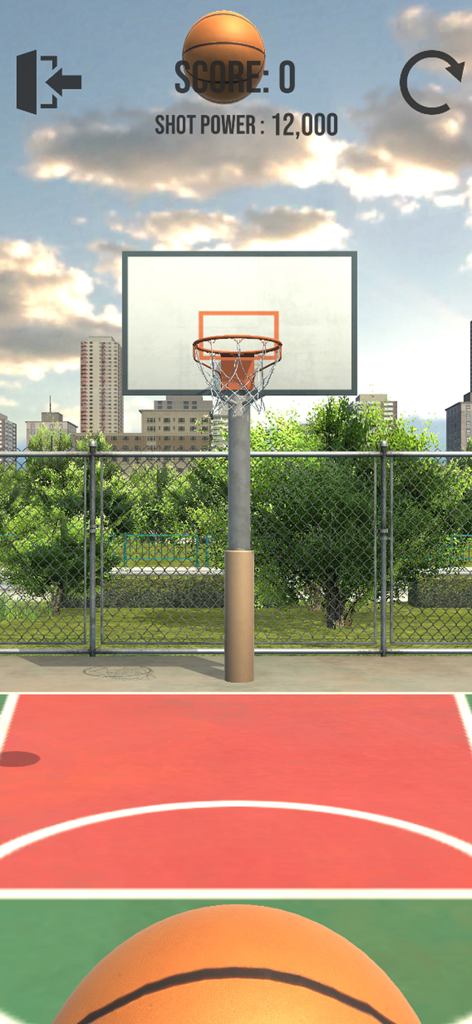 Jugabilidad de Balón al Aro mostrando una canasta de baloncesto en una cancha urbana al aire libre