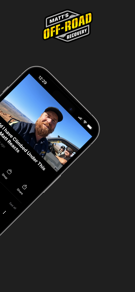 Interface do aplicativo Matt's Off-Road Recovery em um smartphone apresentando um vídeo de Matt e sua equipe no deserto.