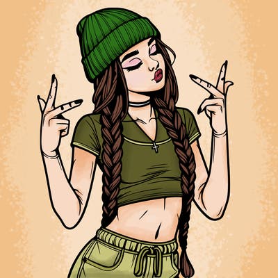 realistic teenage girl with braids and a beanie and crop top doing 🫶🏼