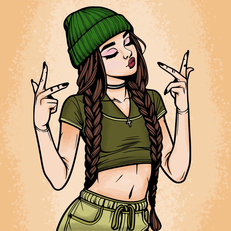 realistic teenage girl with braids and a beanie and crop top doing 🫶🏼