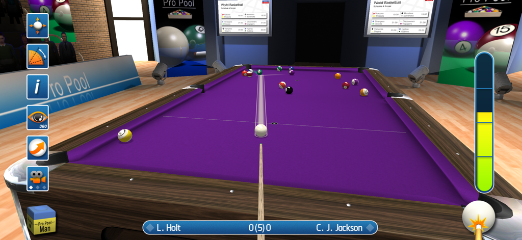 Pro Pool 2026 - Realistic 3D pool gameplay on a purple table with aim line and physics controls