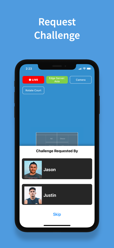 eyes3: AI LineCall and VAR - eyes3 app interface showing a request challenge screen for a live match with player profiles Jason and Justin