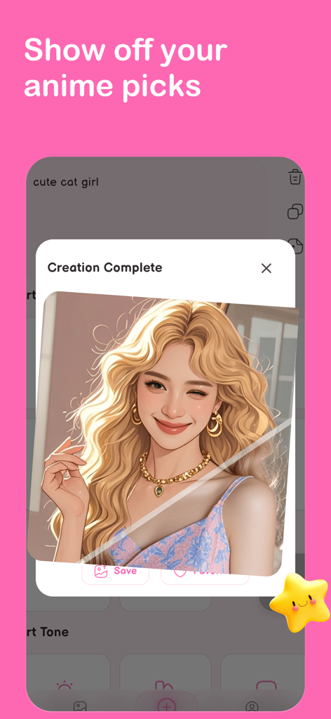 Halyr - Halyr mobile app interface showing a completed AI generation of a blonde anime girl winking with the text Show off your anime picks