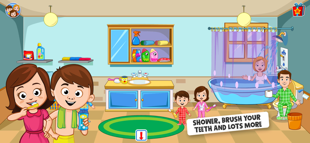 Animated family characters performing morning routines in a dollhouse bathroom