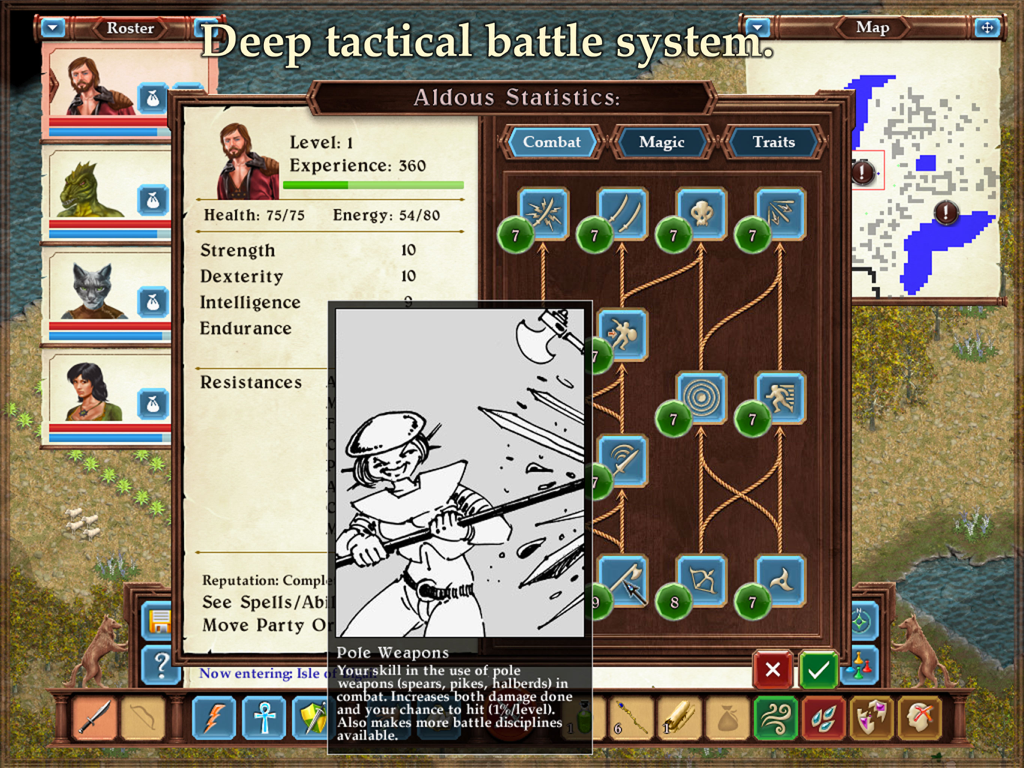 Character statistics and skill tree menu in Avernum 3 Ruined World HD