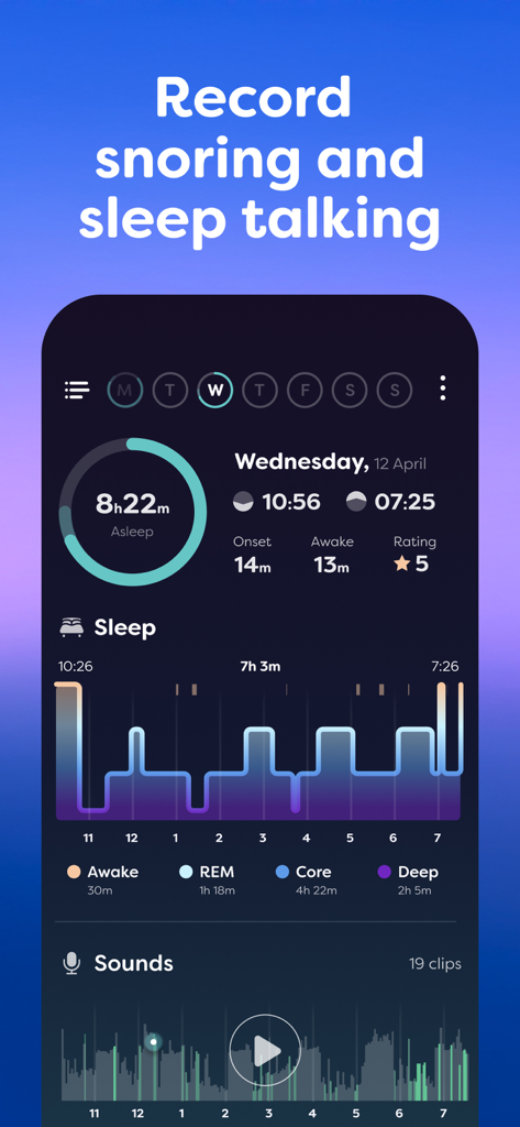 Sleepwave: Alarm & Tracker - Sleepwave app interface showing detailed sleep analysis and night sound recordings for snoring and sleep talking