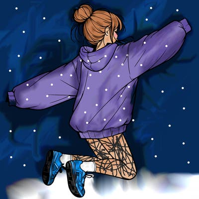 realistic girl jumping with a bun and oversized sweatshirt