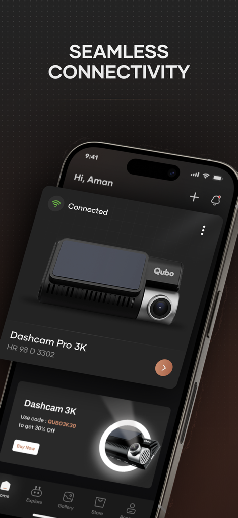 Qubo Pro - Interface de l'application Qubo Pro sur un smartphone montrant une Dashcam Pro 3K connectée avec succès