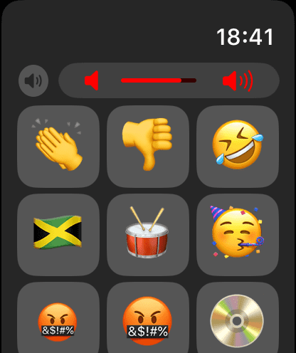 Interfaz de la aplicación Emoji Sound en Apple Watch mostrando una cuadrícula de iconos de efectos de sonido como aplausos y baterías