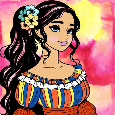 a single latina woman with a side ponytail and a long dress with ruffles. she has a few discreet flowers in her hair. realistic