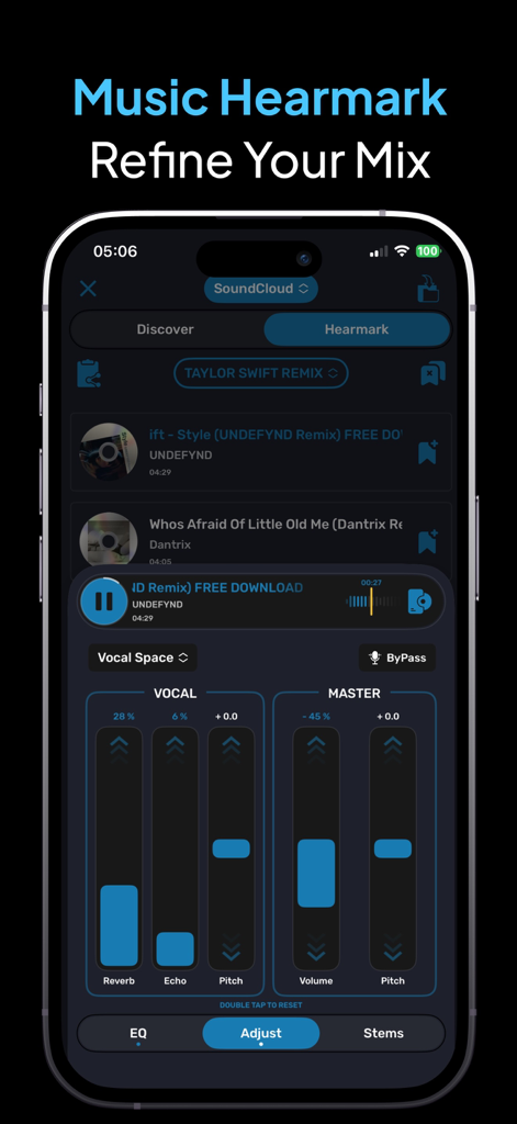 SoundBase ° Music Hearmark - Interfaz de la app SoundBase que muestra controles deslizantes de ajuste de audio para reverberación vocal, eco y tono, así como el volumen maestro