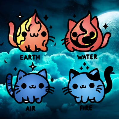 4 cats that represent the different elements, earth, water, air, and fire