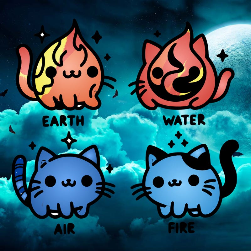 4 cats that represent the different elements, earth, water, air, and fire