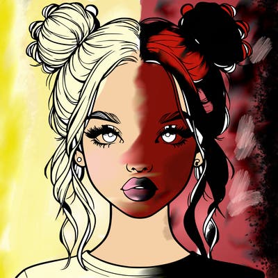 realistic girl with two buns in hair and lips