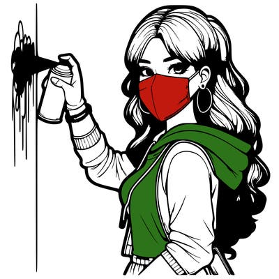 realistic girl with mask spray painting a wall