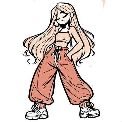 girl in baggy pants crop top and long hair