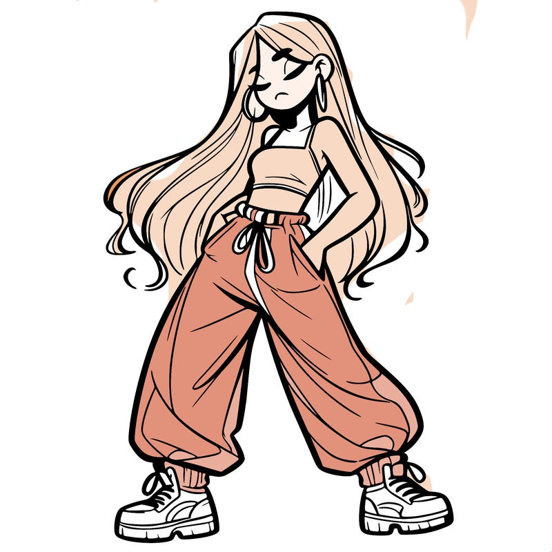 girl in baggy pants crop top and long hair
