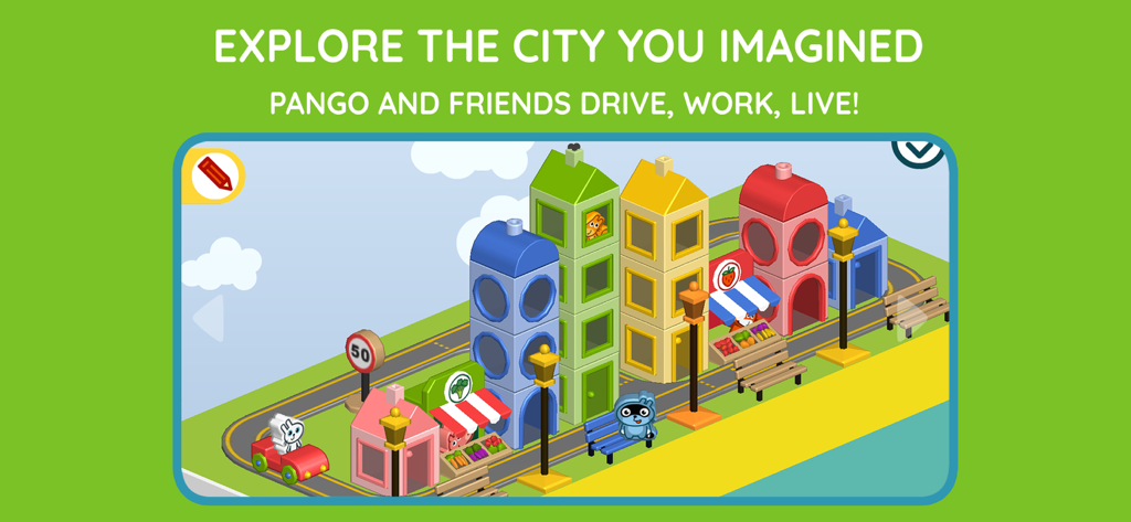 Una città colorata simile a un giocattolo costruita con blocchi nell'app Pango Costruisci ed Esplora Città