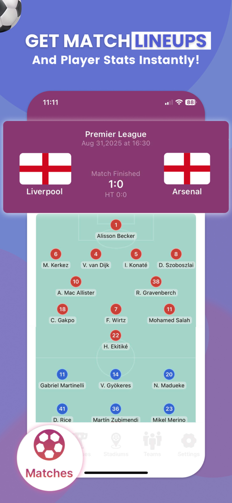 Nova Soccer : Live Sport Score - Schermata dell'app Nova Soccer che mostra le formazioni iniziali e le posizioni dei giocatori per una partita di Premier League tra Liverpool e Arsenal