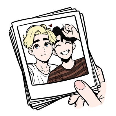 realistic, best friends taking a polaroid picture