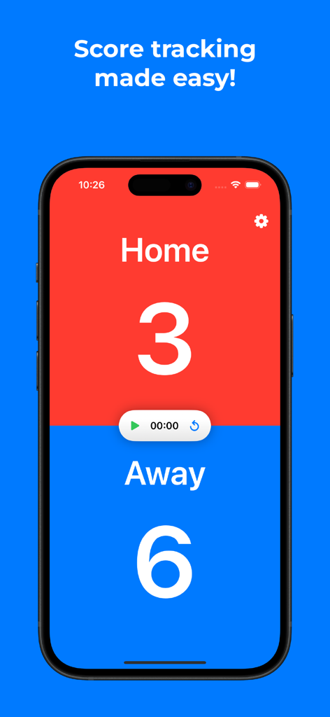 Smartphone screen displaying a digital scoreboard with home and away points and a timer