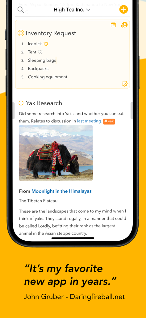 Agenda: Notes meets Calendar - Agenda app interface on iPhone showing organized project notes with a checklist and an image.
