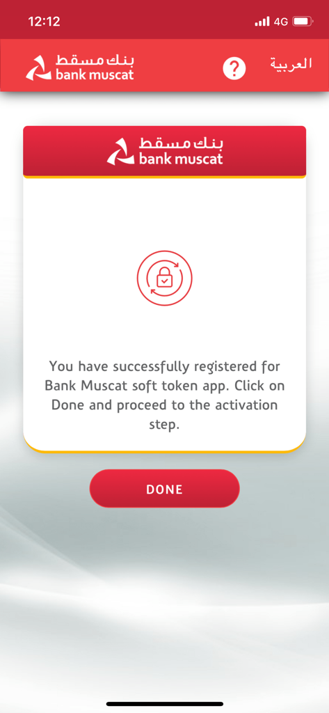 Bank Muscat Soft Token - Bank Muscat Soft Token registration success screen with a Done button.