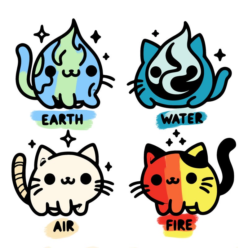 4 cats that represent the different elements, earth, water, air, and fire