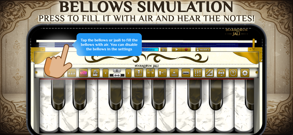 Harmonium Jali - Una captura de pantalla de la aplicación Harmonium Jali demostrando la función de simulación de fuelles en un teclado de armonio virtual.
