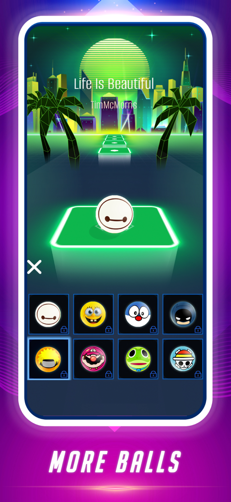 Dance Tiles: Music Ball Games - In game screen showing various character skins for the dancing ball in Dance Tiles