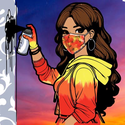 realistic girl with mask spray painting a wall