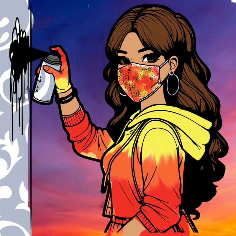 realistic girl with mask spray painting a wall