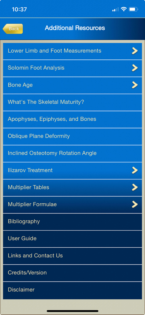 Multiplier - Screenshot of the Additional Resources menu in the Multiplier app listing specialized orthopedic clinical tools and reference materials